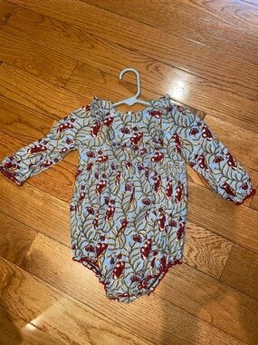 Pink Chicken Floral Romper in Light Blue/Gray, Burgundy & Mustard